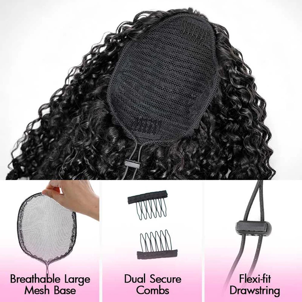 140G Burmese curly 100% human hair drawstring ponytail extension in natural black, HSF Marketplace