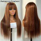 Rebecca 180D straight human hair wig with bangs, highlight straight bob style, full machine-made, easy to wear for women.