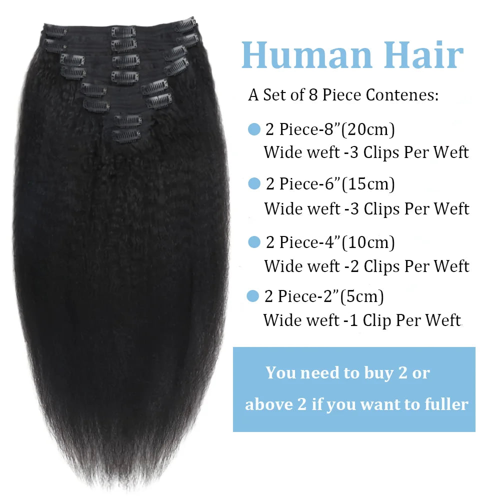 Kinky straight clip-in human hair extensions, natural Brazilian Remy hair, 8-piece set for women