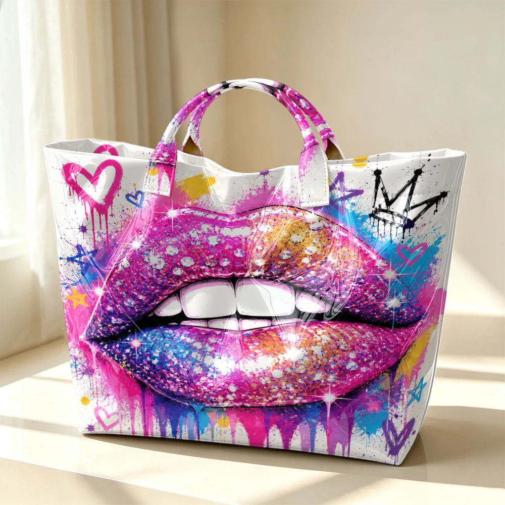 Women tote handbag with graffiti lips print, reusable gift bag, suitable for shopping, travel, office, and daily use.