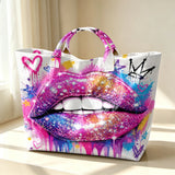 Women tote handbag with graffiti lips print, reusable gift bag, suitable for shopping, travel, office, and daily use.