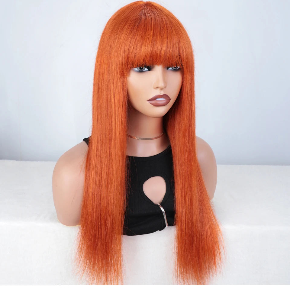 180D ginger straight human hair wig with bangs, full machine-made wig for women in burgundy orange tones