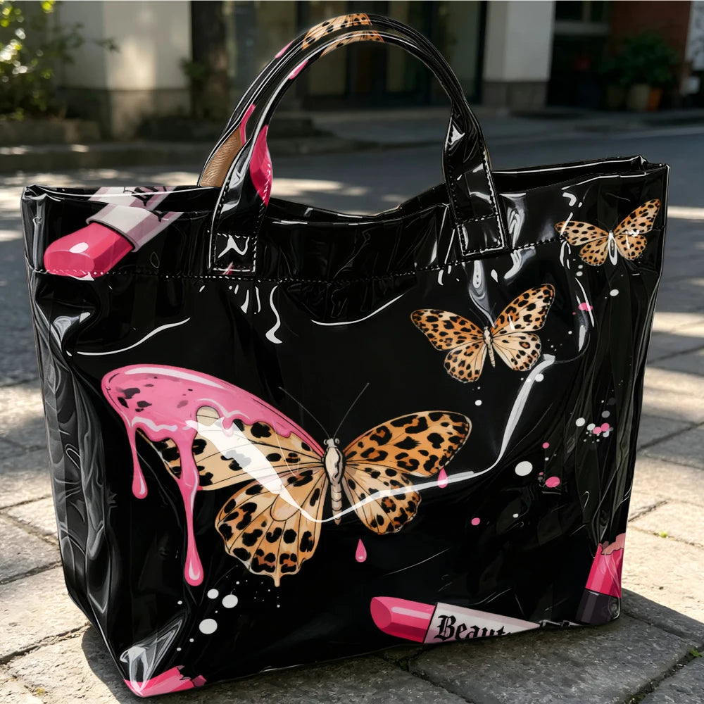 Leopard print Gothic style tote handbag with pink lipstick and butterfly design, large capacity street trend bag for women.