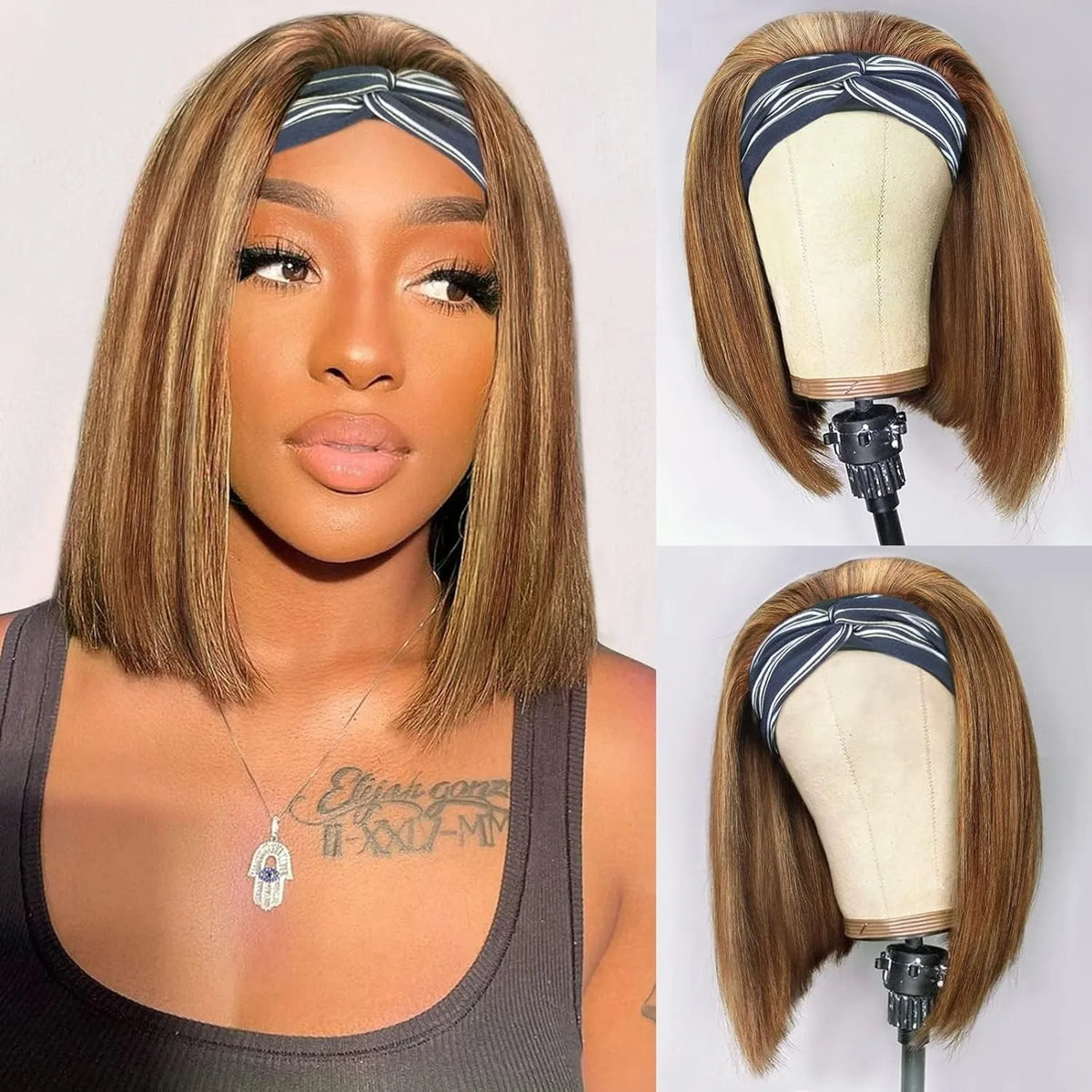 HSF Marketplace human hair headband wig, short straight bob, 180% density, glueless machine-made wig