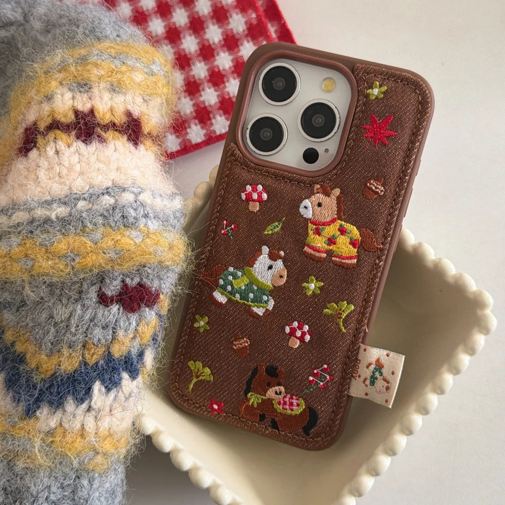 Embroidered Three Ponies phone case for iPhone 17 and 16 Pro by HSF Marketplace