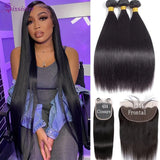 Straight Brazilian Human Hair 3 Bundles with 13x4 Frontal 100%  Virgin Hair Natural Hairline Straight Bundles with 4x4 Closure