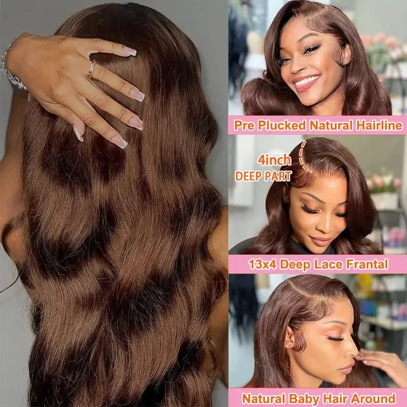 Body Wave Chocolate Brown Lace Front Wigs Human Hair Pre Plucked Brazilian Brown Virgin Hair Glueless HD Frontal Wig For Women