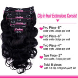 Body wave Brazilian human hair clip-in extensions, 8-piece double weft set, 120g, black shade #1B