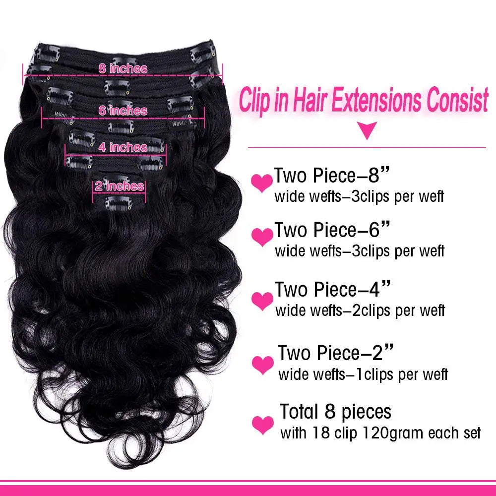 Body wave Brazilian human hair clip-in extensions, 8-piece double weft set, 120g, black shade #1B