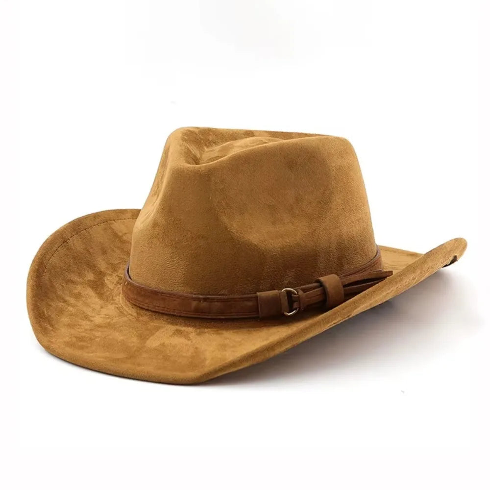 Women's ethnic style western cowboy fedora hat in imitation leather and velvet with rolled edge for autumn and winter