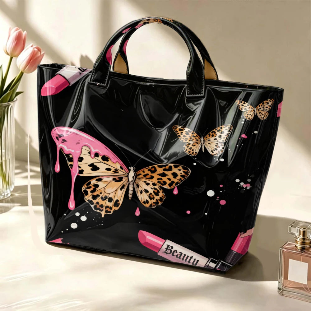 Leopard print tote handbag for women with pink lipstick and butterfly design, large capacity gothic style street trend bag.