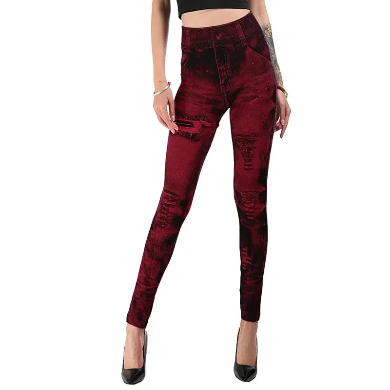 Women's high-waist imitation jeans stretch leggings with slim push-up fit and casual streetwear style