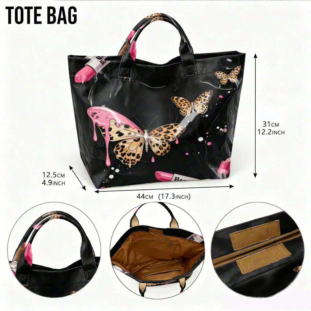 Leopard print gothic tote handbag with pink lipstick and butterfly design, large capacity street style bag for women.