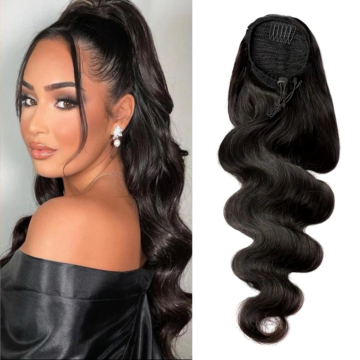 Natural black Brazilian human hair body wave drawstring ponytail extension by HSF Marketplace