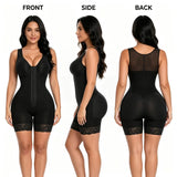 Women’s front-zipper body shaper bodysuit with mesh back, tummy control, lace trim, and butt lifter design
