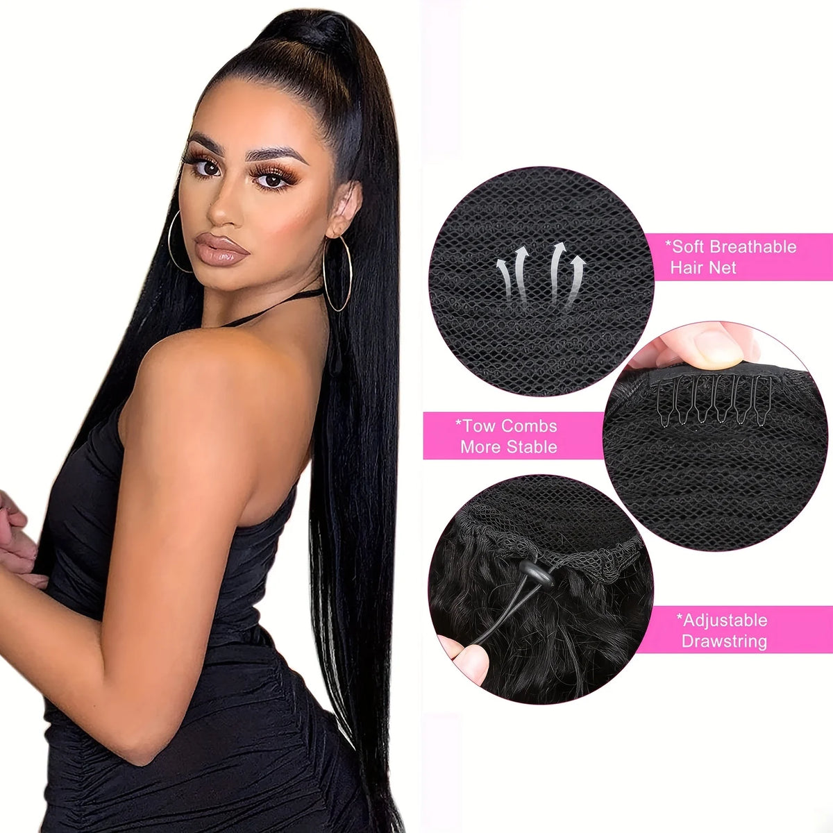 Brazilian virgin human hair straight drawstring ponytail clip-in by HSF Marketplace