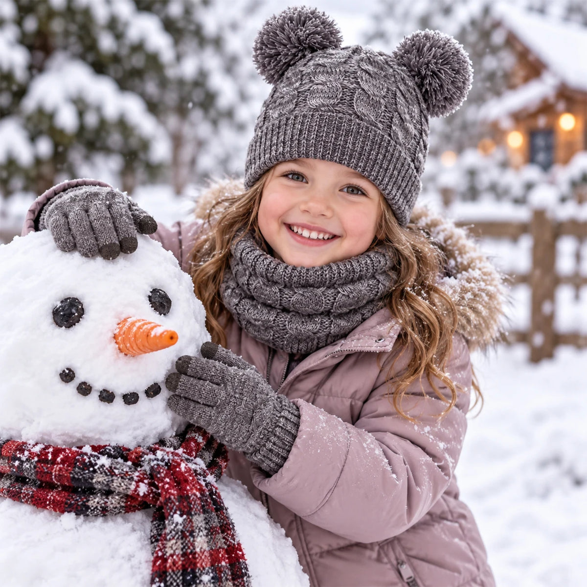 Kids winter hat scarf gloves set, warm knit beanie with pom pom by HSF Marketplace