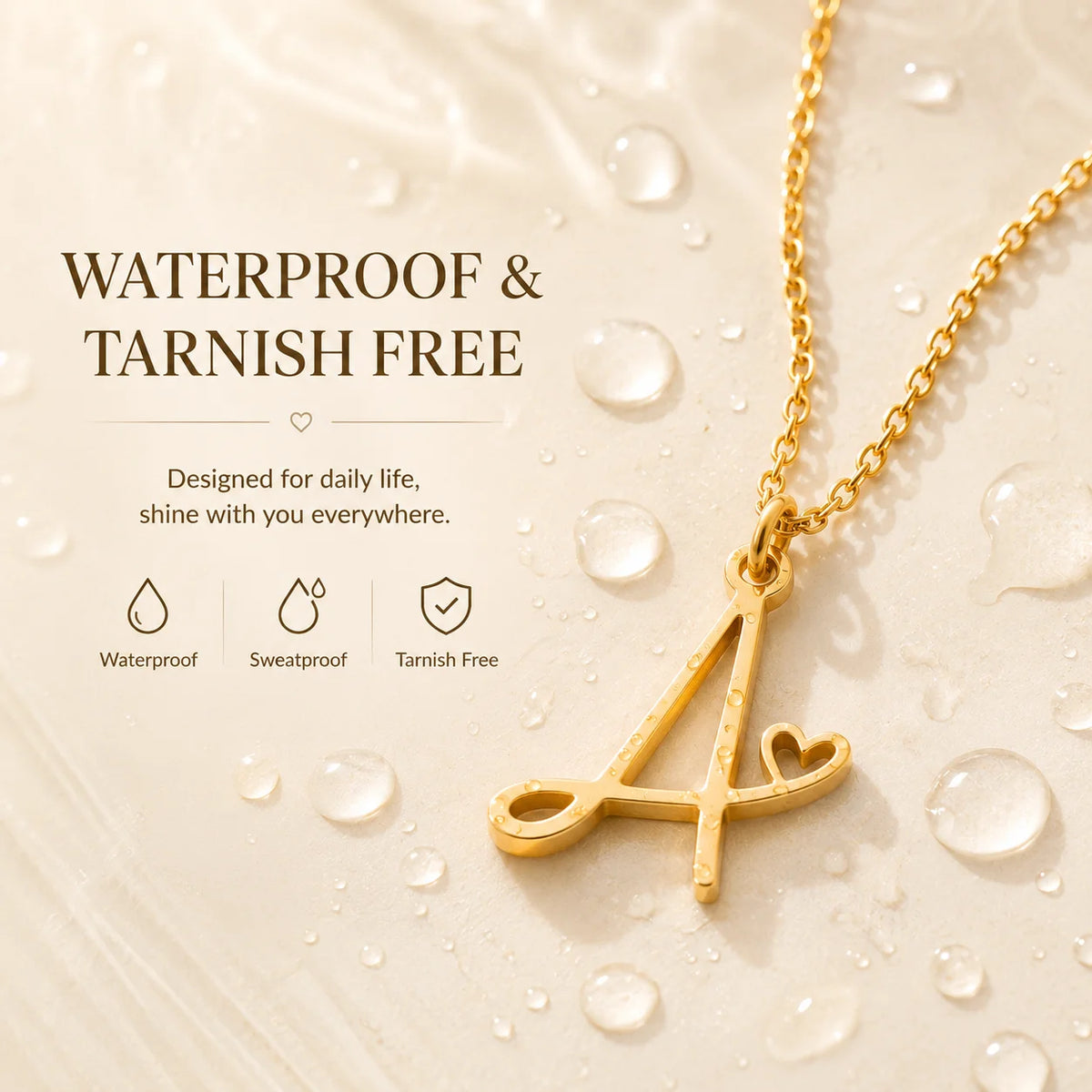 Gold plated dainty heart initial necklace with A-Z letter pendant, waterproof stainless steel jewelry for women.