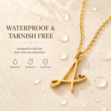 Gold plated dainty heart initial necklace with A-Z letter pendant, waterproof stainless steel jewelry for women.