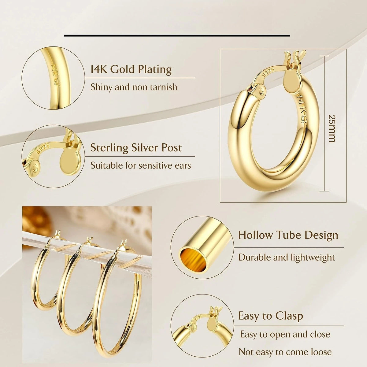 6 pairs 14K gold plated chunky hoop earrings with 925 sterling silver posts for women, statement circle jewelry