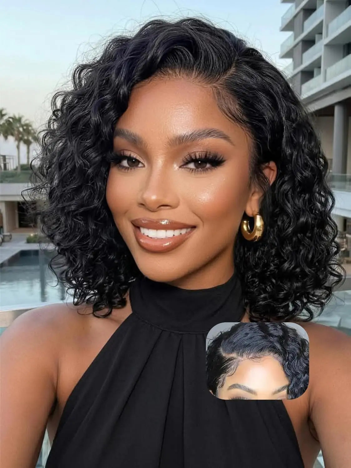 13x4 HD lace front bob human hair wig with water wave Brazilian curly texture, glueless frontal closure wig