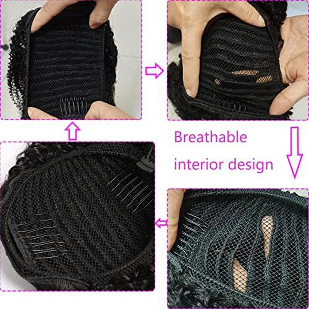 Kinky straight drawstring ponytail human hair extension in natural black #1B for women