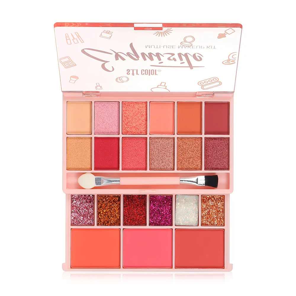 S.f.r Color multi-use makeup kit with matte, shimmer and glitter eyeshadow shades and blush powder palette
