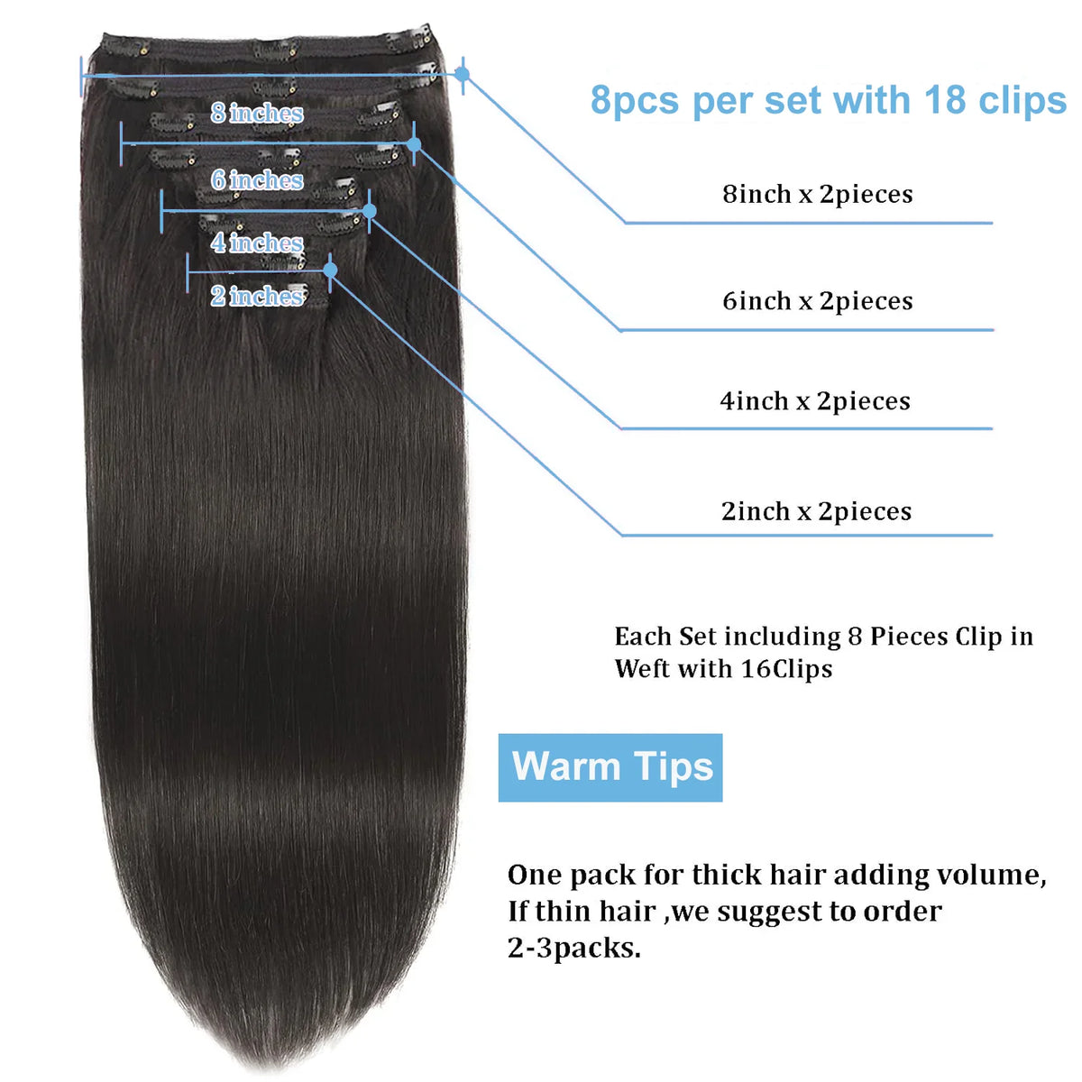 8-piece clip-in Remy human hair extensions with 18 clips, full head, natural black, HSF Marketplace
