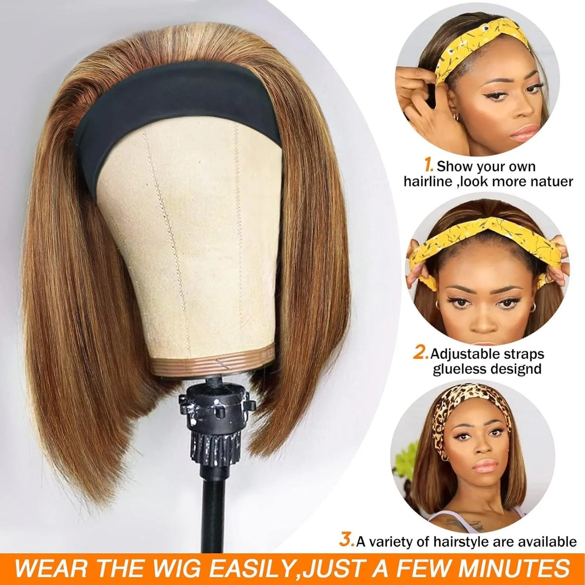 HSF Marketplace short straight human hair headband bob wig, glueless machine-made, 180% density for women