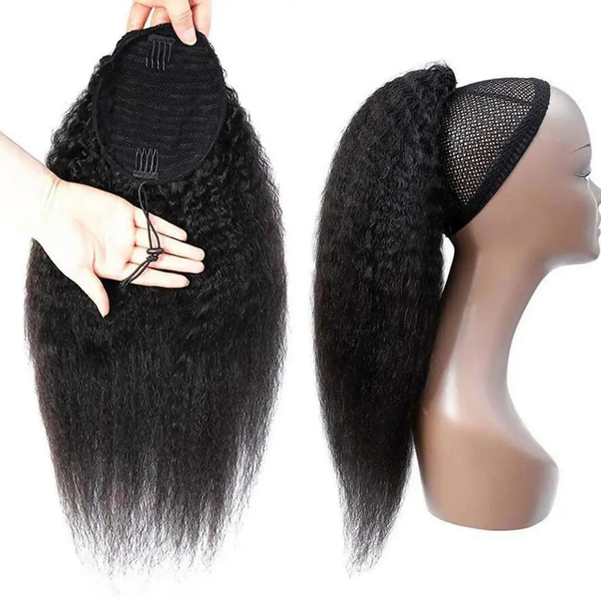 HSF Marketplace kinky straight drawstring human hair ponytail in #1B, yaki straight texture for Black women