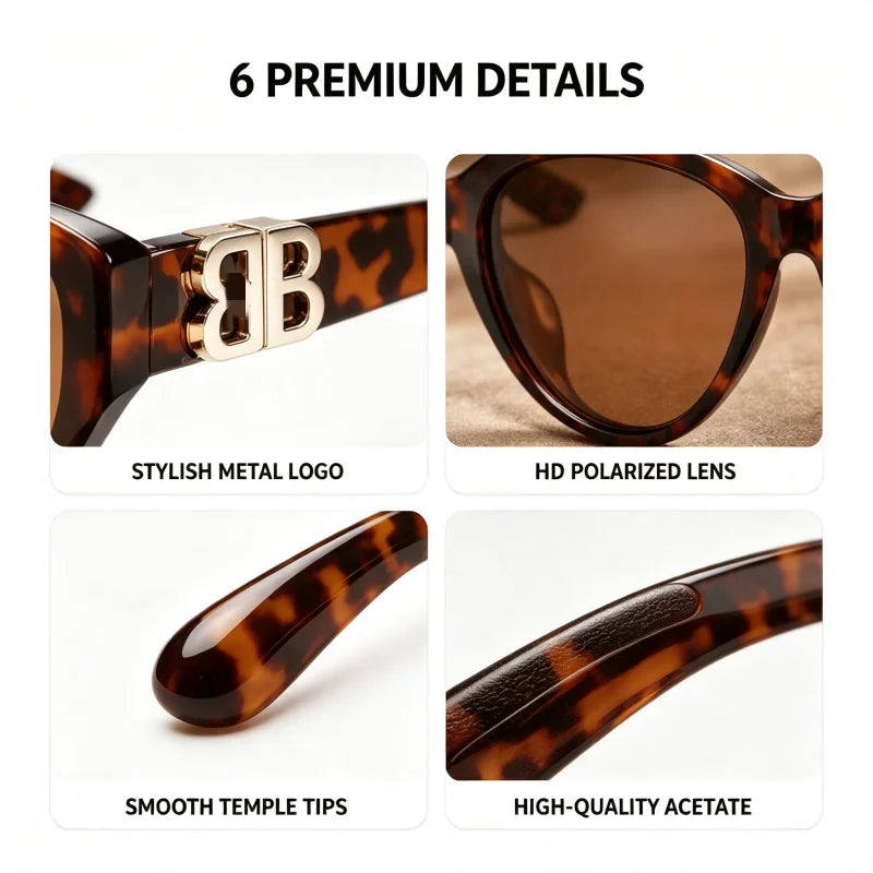 Women’s cat eye sunglasses with tortoiseshell leopard frame and double-B metal logo, vintage Y2K style