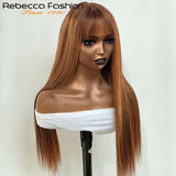 Rebecca 180D straight human hair wig with bangs and fringe, featuring a highlight straight bob style, made by HSF Marketplace.