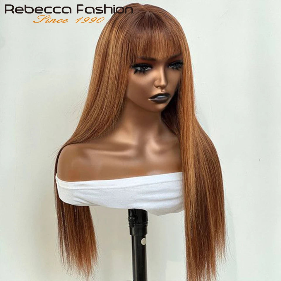 Rebecca 180D straight human hair wig with bangs and fringe, featuring a highlight straight bob style, made by HSF Marketplace.