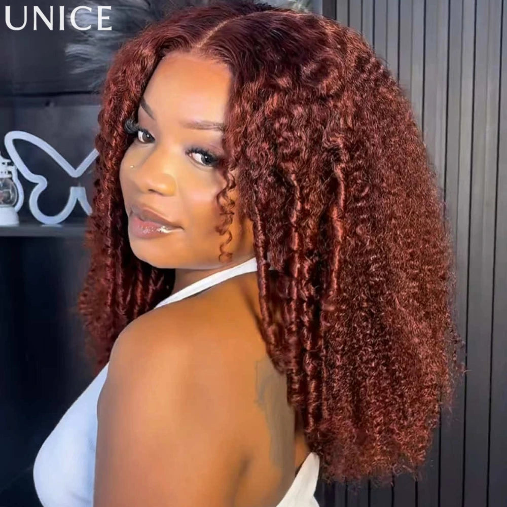 Reddish brown glueless kinky curly human hair wig by HSF Marketplace