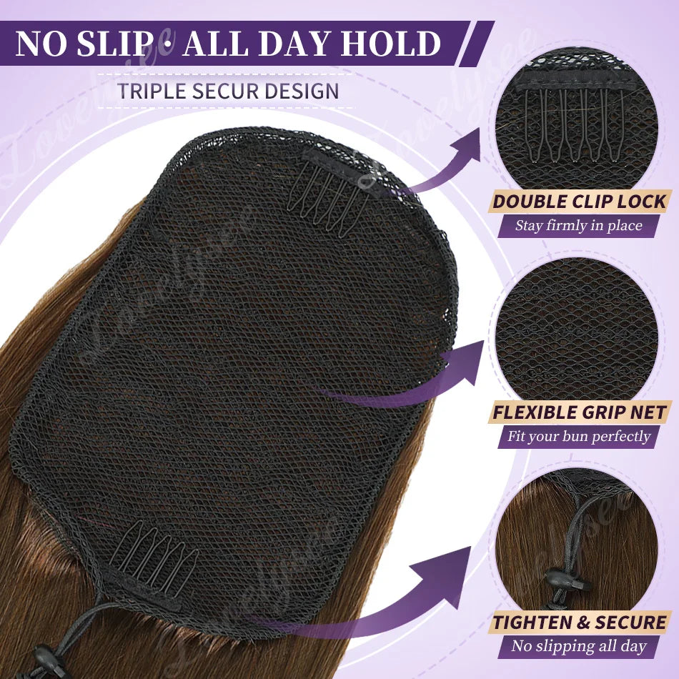 14-18 inch HSF Marketplace straight drawstring ponytail with clip, made from 100% Brazilian human hair