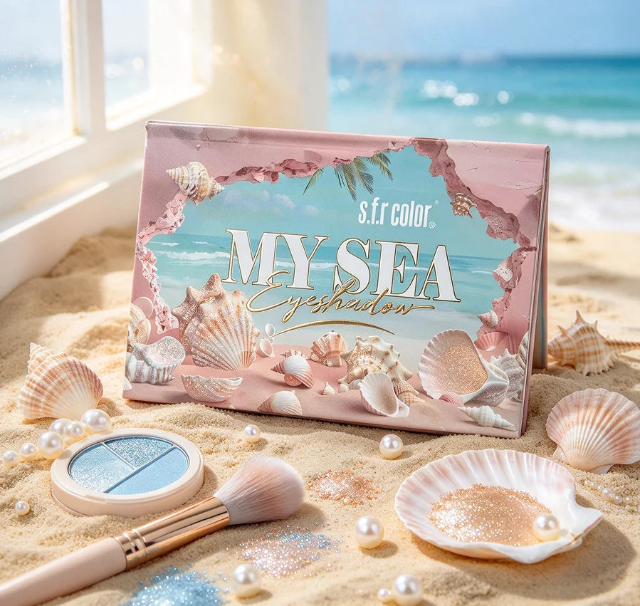 s.f.r Color MY SEA eyeshadow palette with matte and shimmer shades in an ocean beach seashell-themed case