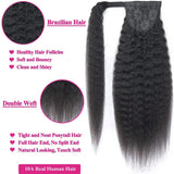 Kinky straight Brazilian human hair ponytail with wrap-around magic tape, wavy yaki texture in natural black