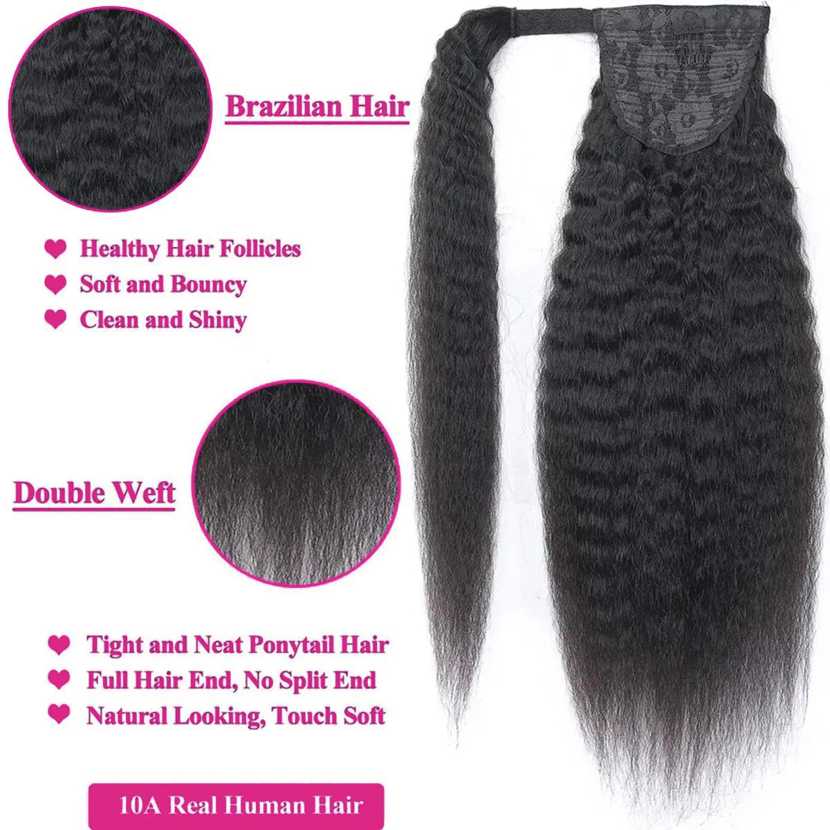 Kinky straight Brazilian human hair ponytail with wrap-around magic tape, wavy yaki texture in natural black