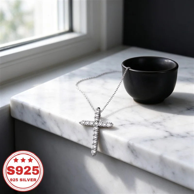 S925 sterling silver cross pendant necklace with cubic zirconia, HSF Marketplace jewelry
