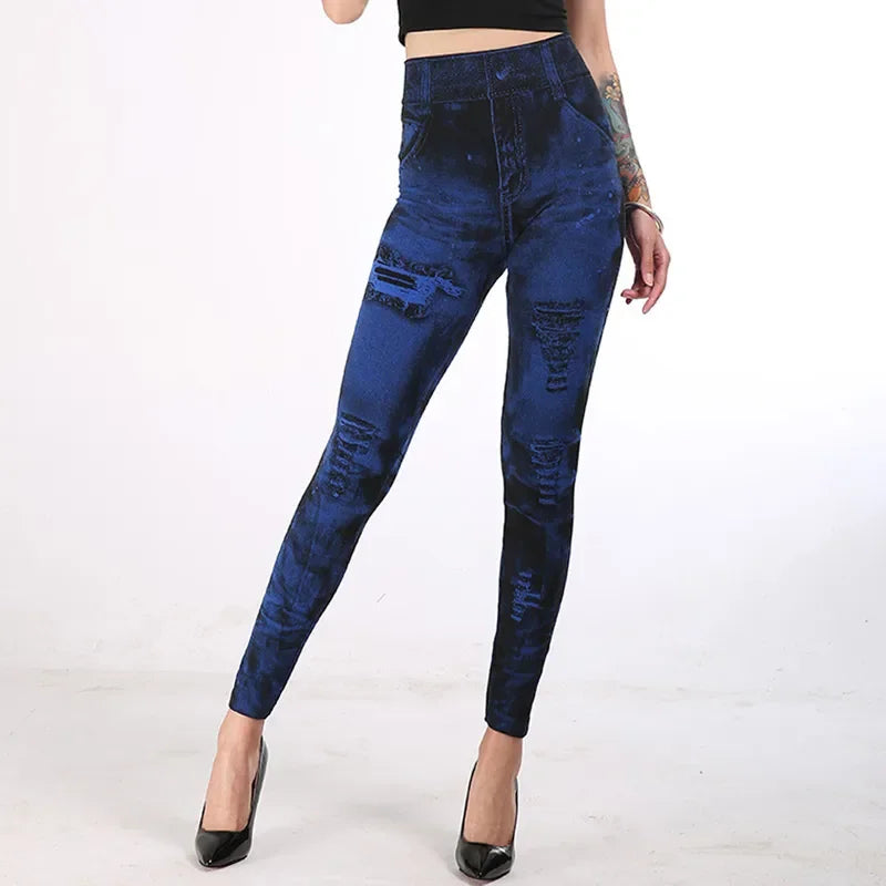 Women's high-waist imitation jeans stretch leggings with slim push-up fit for gym and streetwear styling