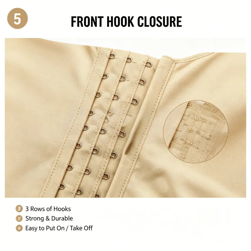 Women's front-zipper body shaper with mesh back, tummy control, lace trim, and butt-lifting shorts