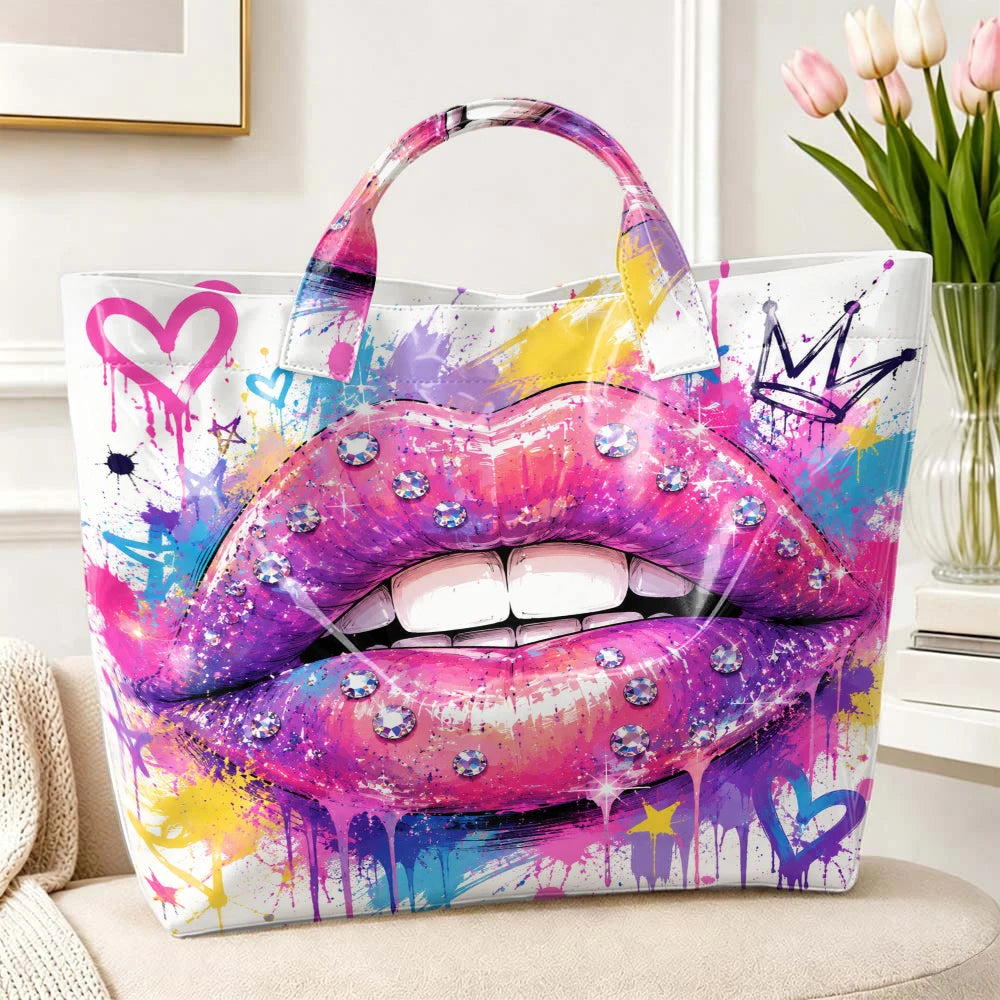 Women tote handbag with graffiti lips print, reusable gift bag for shopping, travel, office, and daily use by HSF Marketplace.