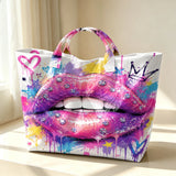 Women tote handbag with graffiti lips print, reusable gift bag suitable for shopping, travel, office, and daily use.