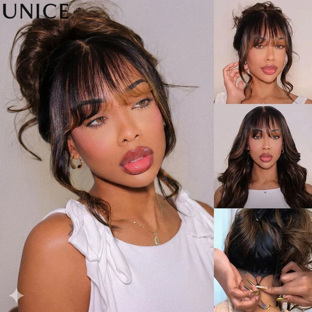 Balayage loose wave human hair wig with bangs by HSF Marketplace