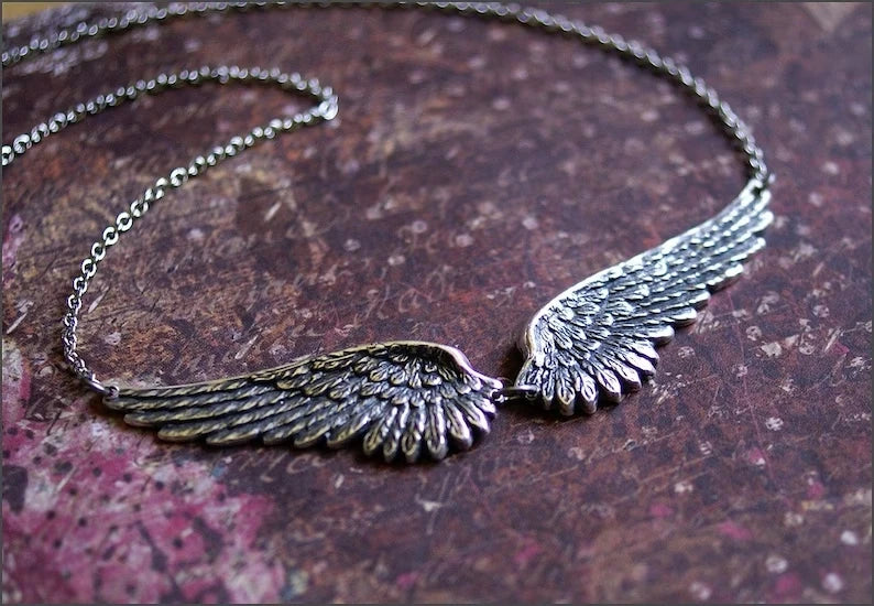 Vintage angel wings feather choker necklace with large pendant, chain link design, statement jewelry for women, wedding or tribal gift