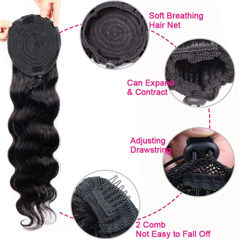 HSF Marketplace Brazilian Remy body wave human hair drawstring clip-in ponytail in natural color
