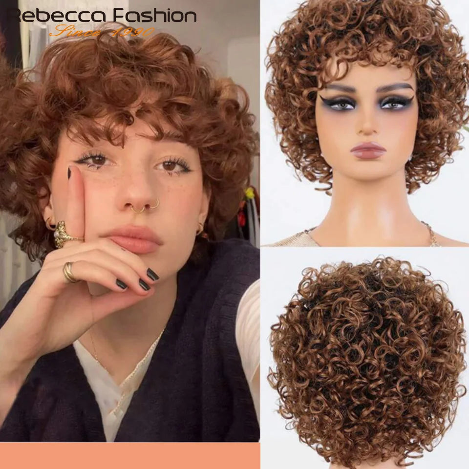 Rebecca 10-inch Brazilian Remy human hair wig with curly water-wave texture in 1B #4 ombre blend
