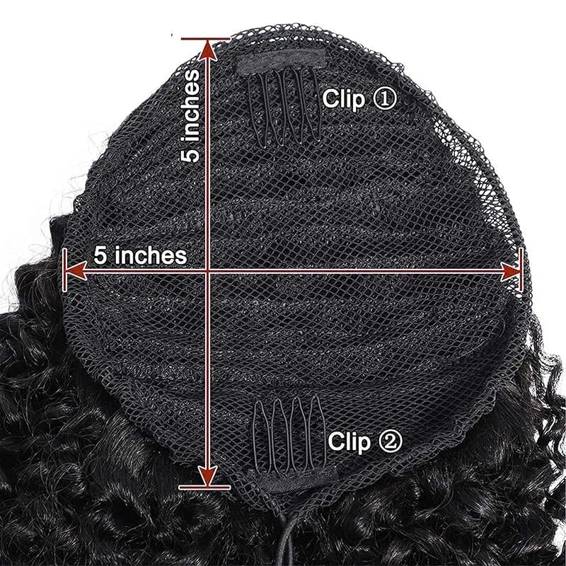 HSF Marketplace deep wave curly drawstring ponytail extension with clip-in human hair in natural #1B black-brown