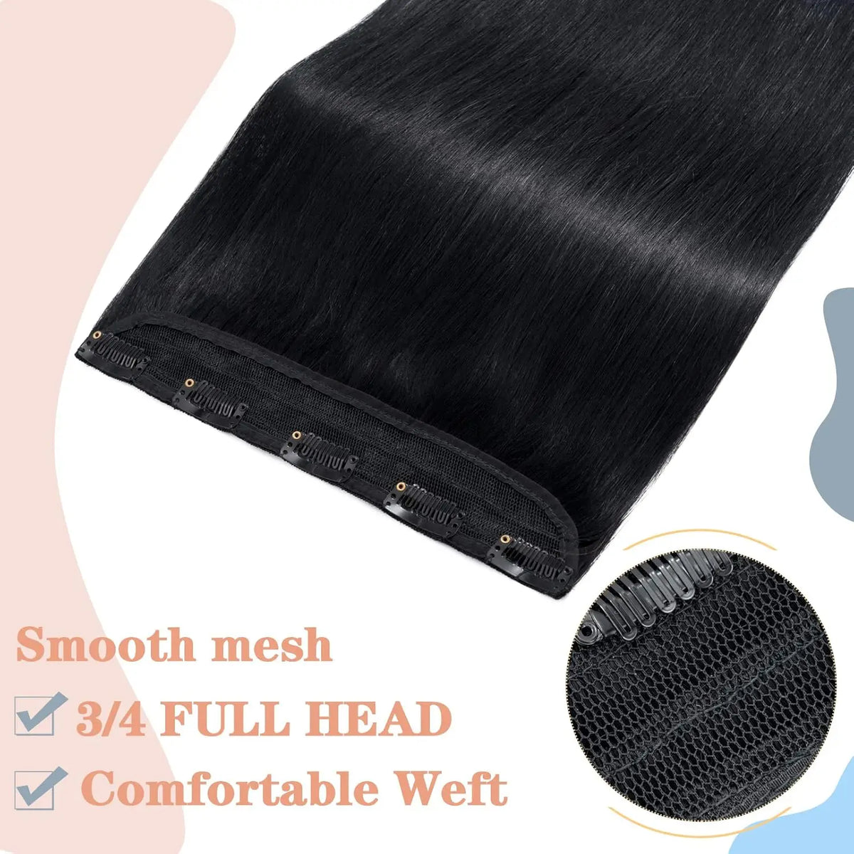 Brazilian Remy human hair clip-in one-piece extension in natural straight style with seamless clips