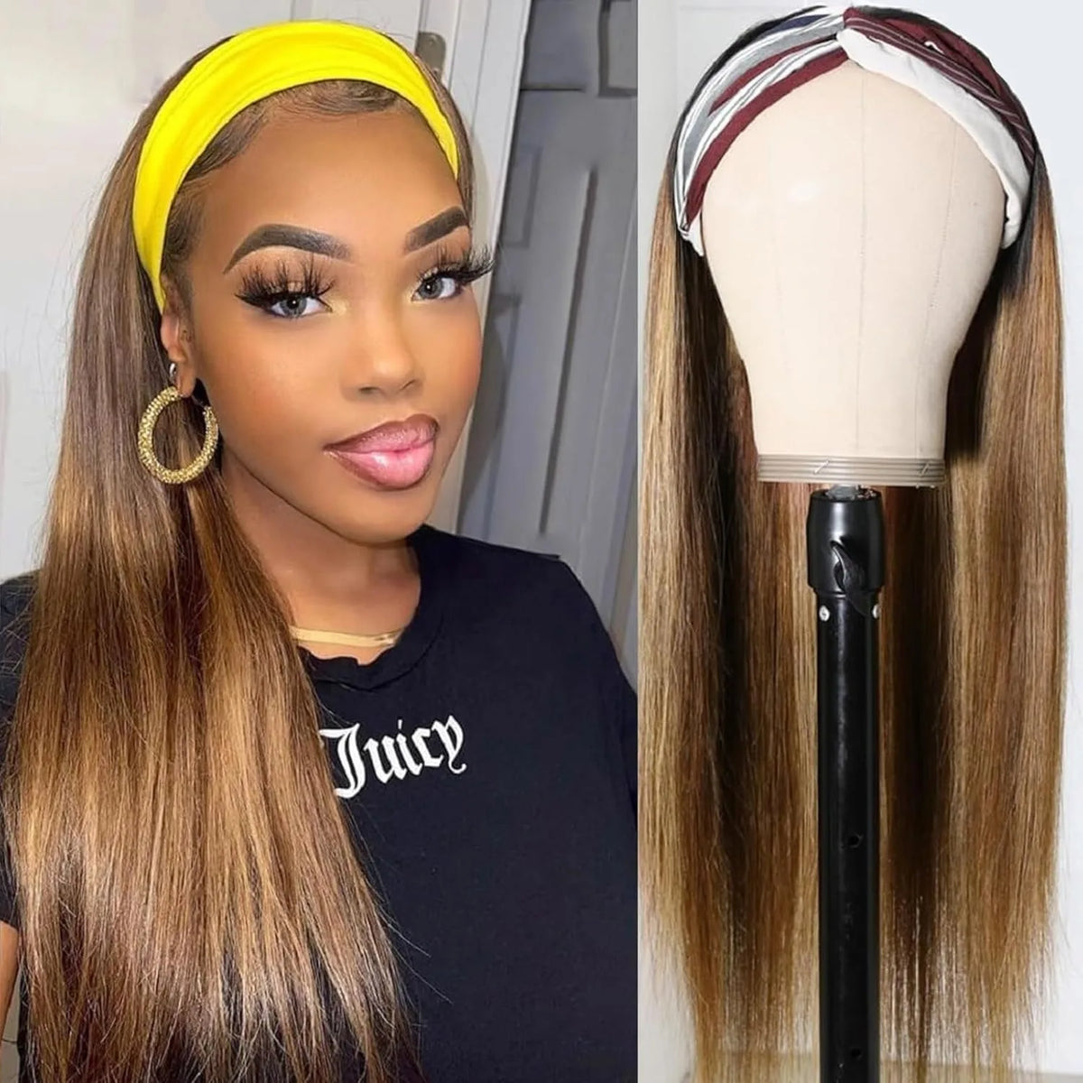 4/27 highlight ombre straight human hair headband wig, glueless Brazilian virgin hair, 150% density